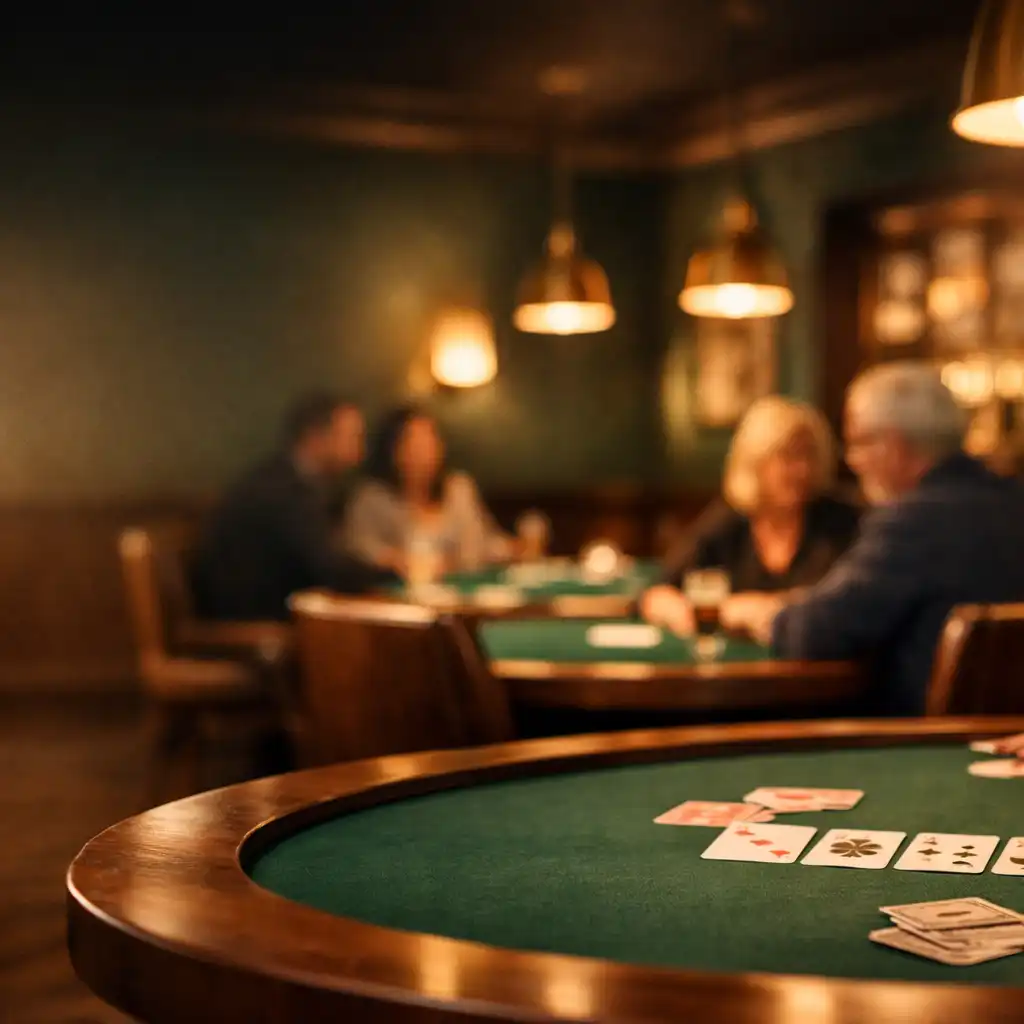 The card lounge at Eliora Hotel in the evening, with warm lighting over a poker table