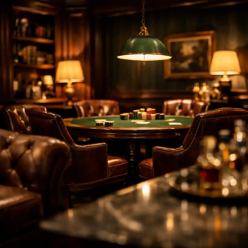 A sophisticated private clubhouse lounge with a poker table, leather chairs, and dark wood paneling in warm ambient light