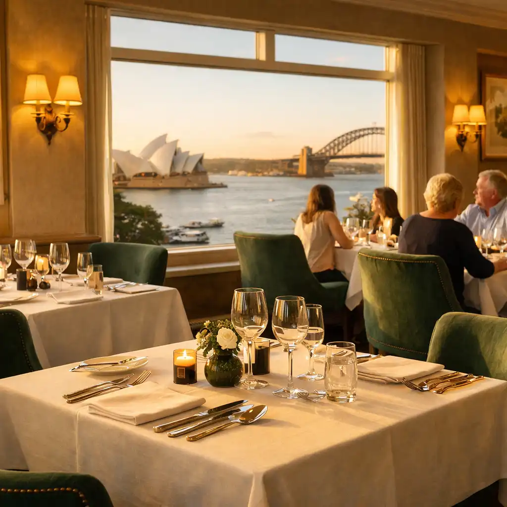 The Eliora Dining Room with warm lighting, elegant table settings, and a view of Sydney Harbour