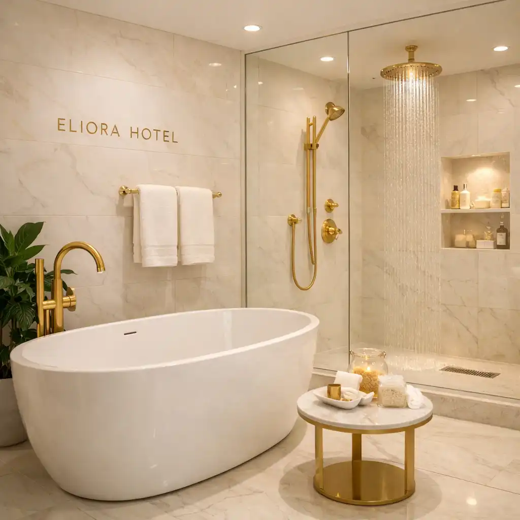 Luxurious bathroom with freestanding soaking tub and marble tiles