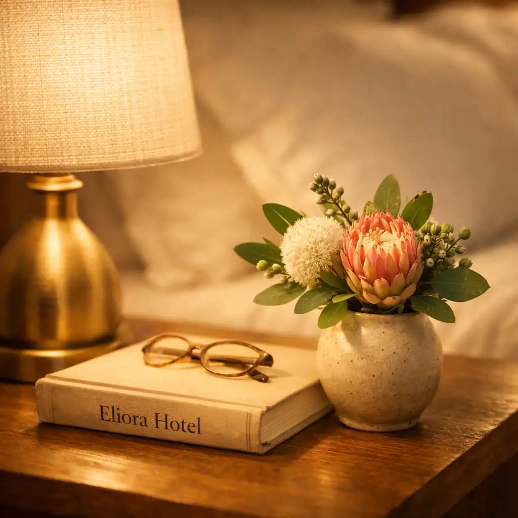 Bedside table detail with lamp, book, and Australian native flowers