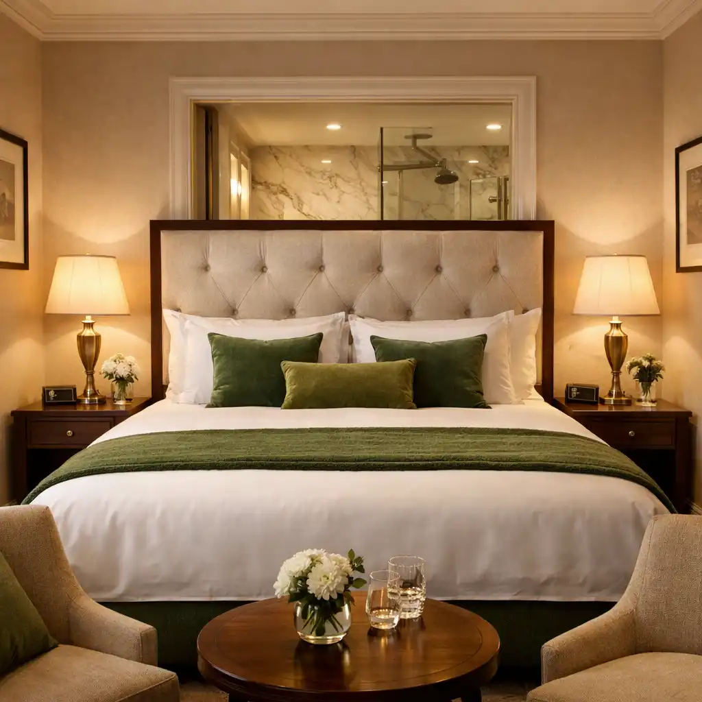 Deluxe King Room with king bed, premium linens, and marble bathroom