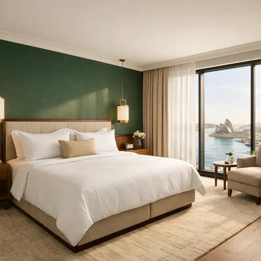 Elegant hotel room at Eliora Hotel with king bed, warm neutral tones, and soft natural light