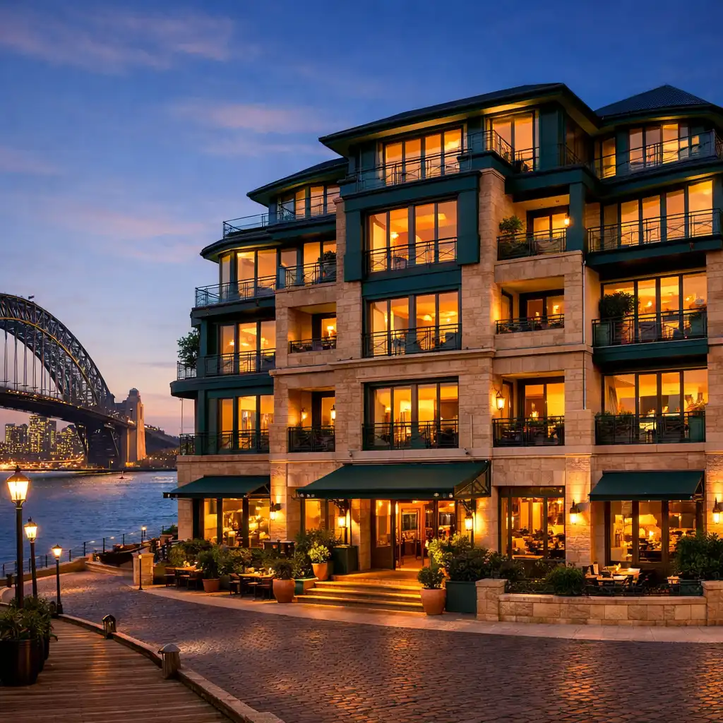 Eliora Hotel exterior at dusk with warm lights and deep green architectural accents
