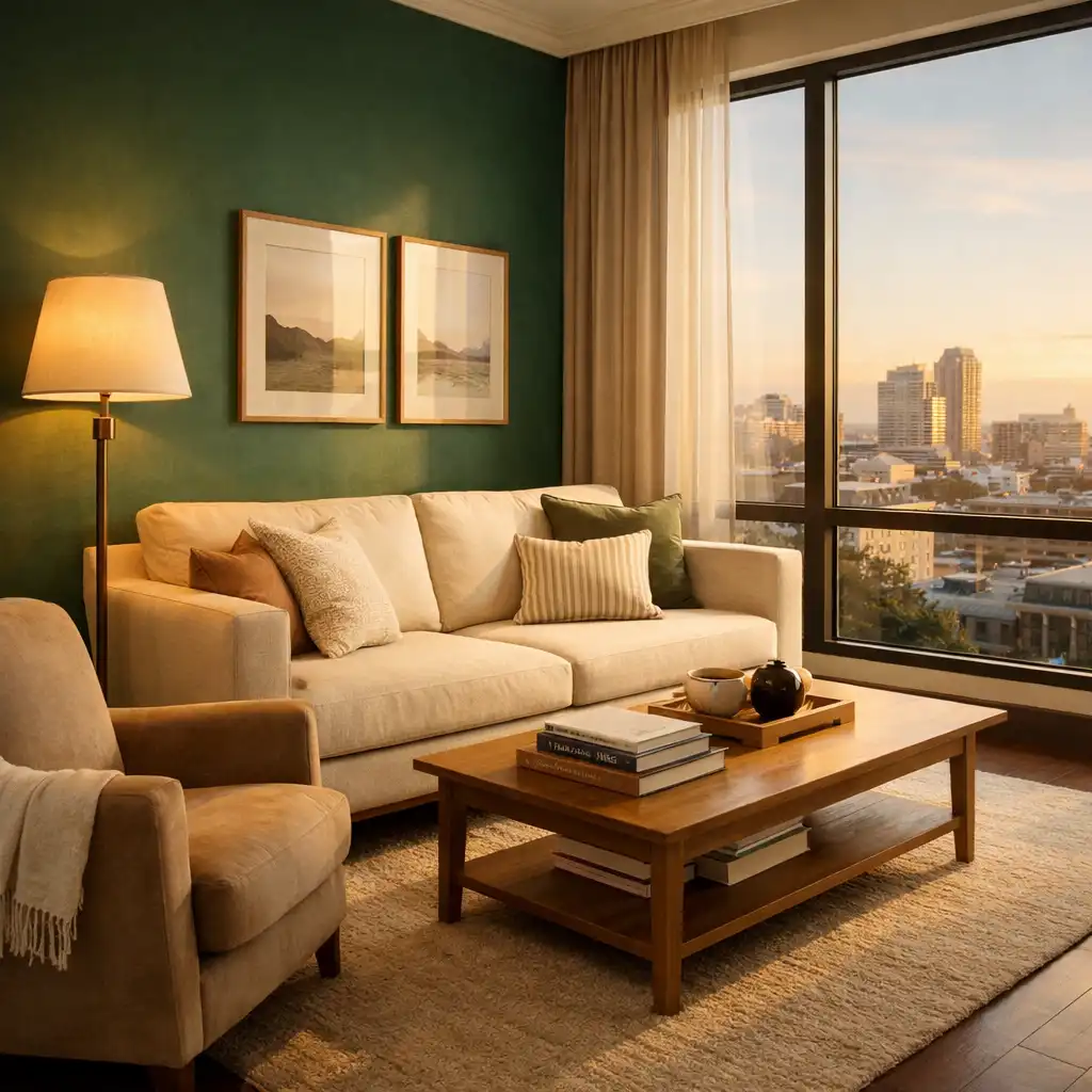Suite lounge area with comfortable sofa and city view