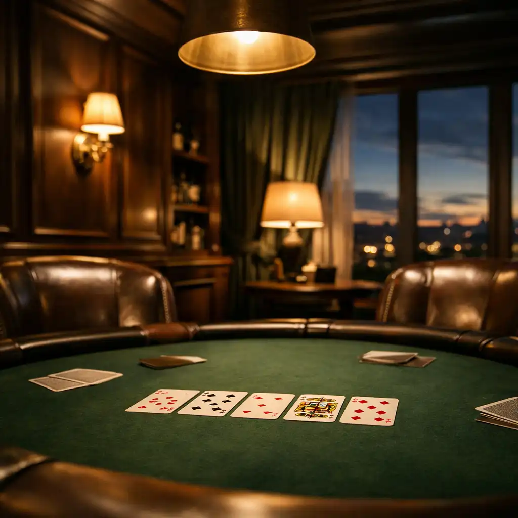Private poker lounge at Eliora Hotel with elegant card table and leather chairs