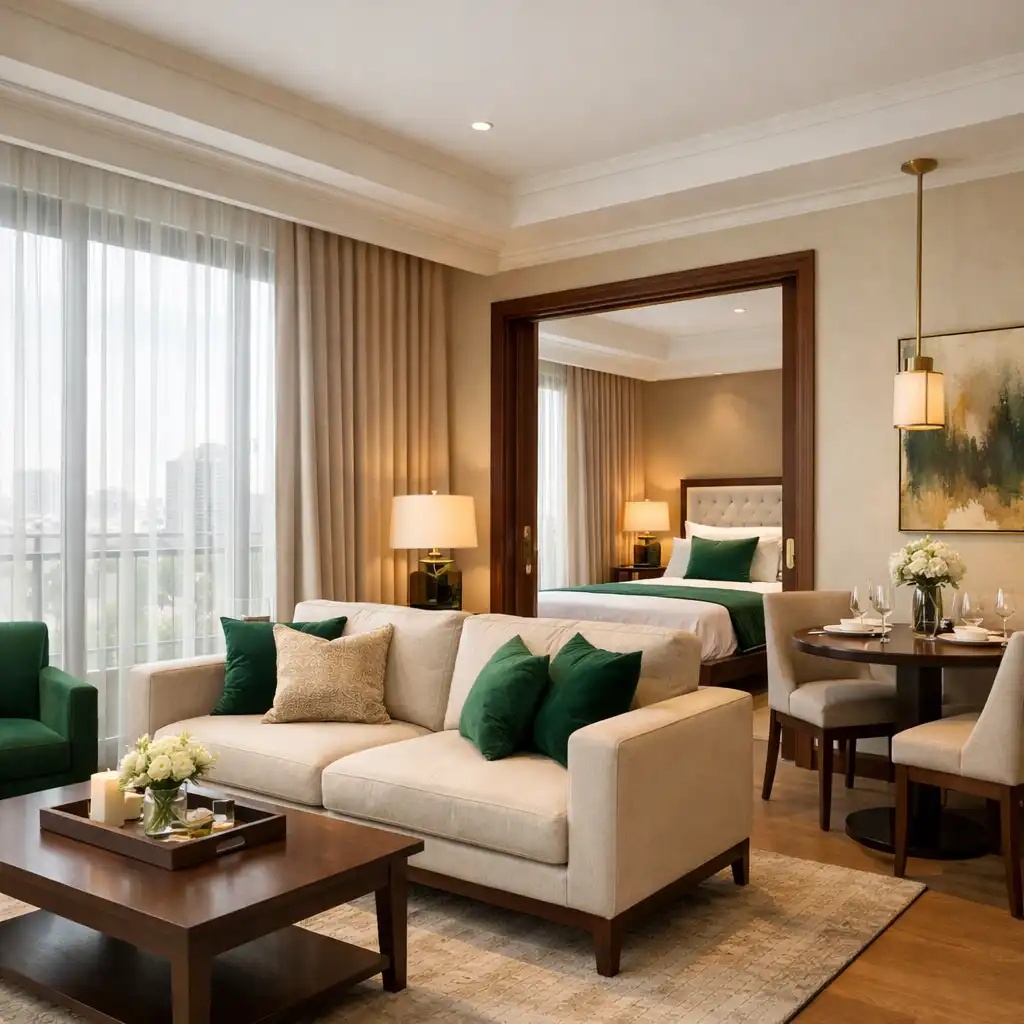 Premier Suite living area with plush sofa and separate bedroom