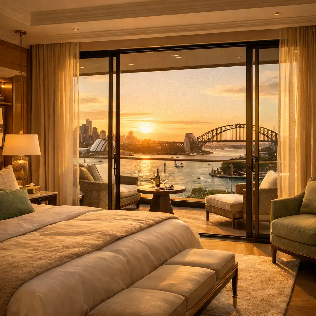 Eliora Signature Suite with panoramic harbour views and private balcony