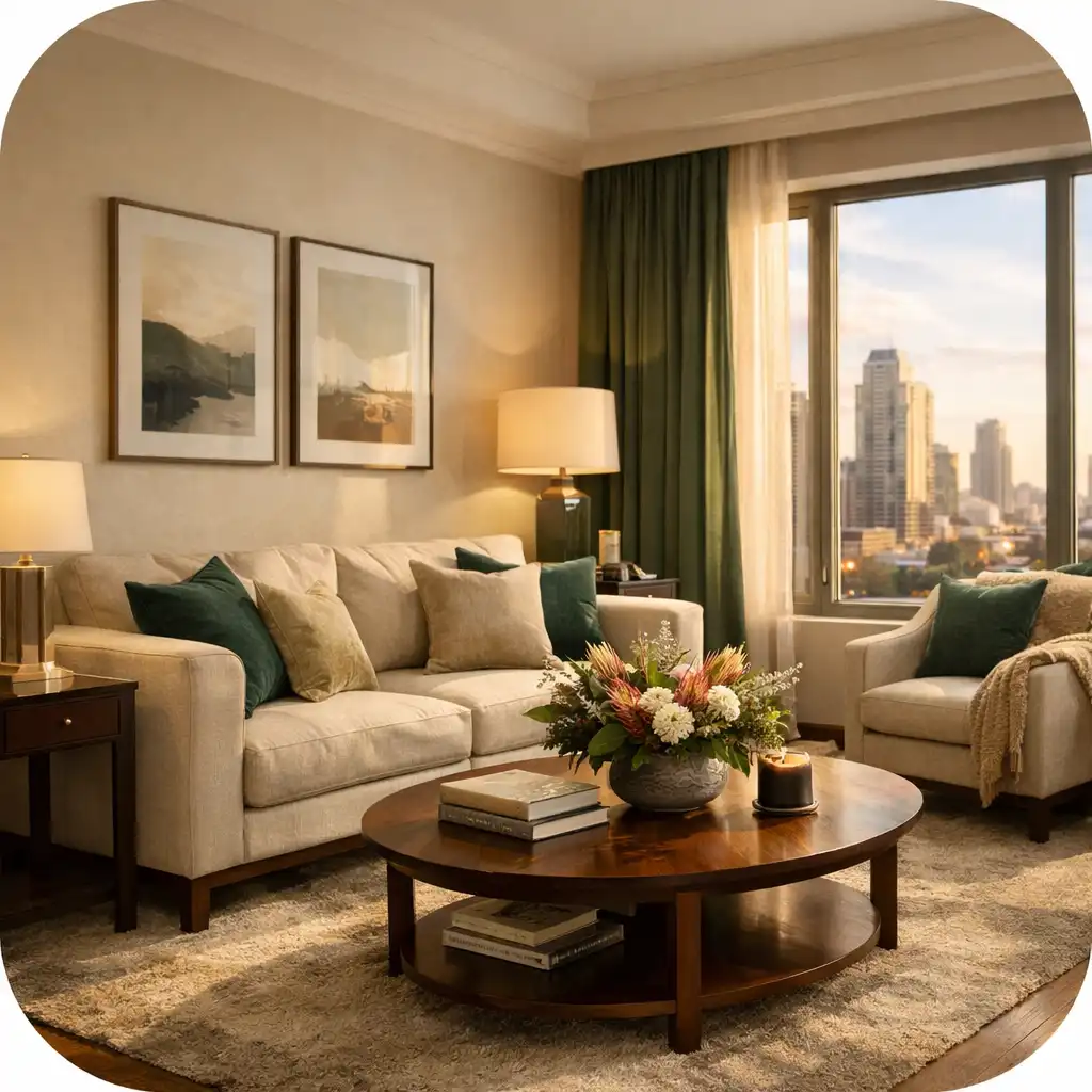 Suite living area at Eliora Hotel with sofa, coffee table, and large windows