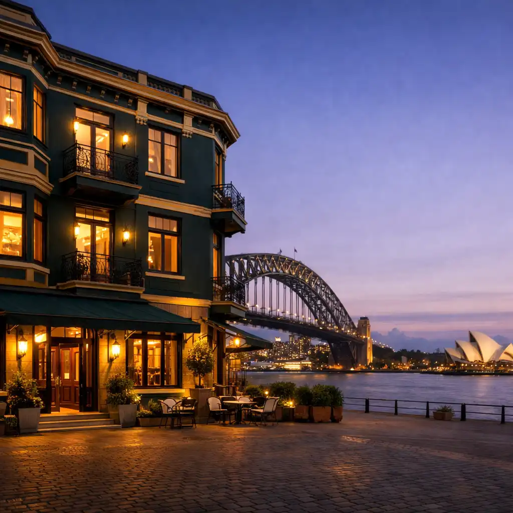 Eliora Hotel exterior at dusk with warm lights and Sydney Harbour in the background