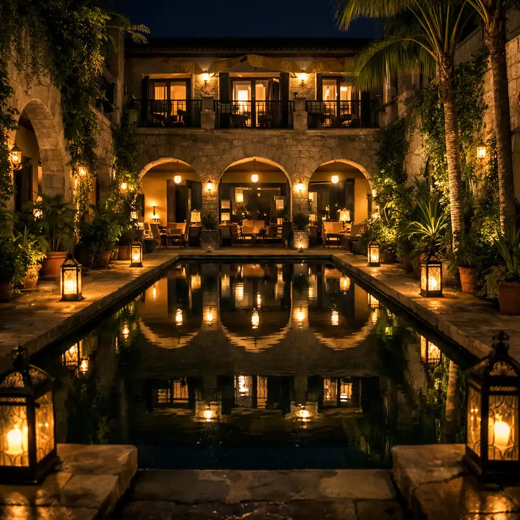Hotel courtyard at night with water feature and lantern-lit pathways