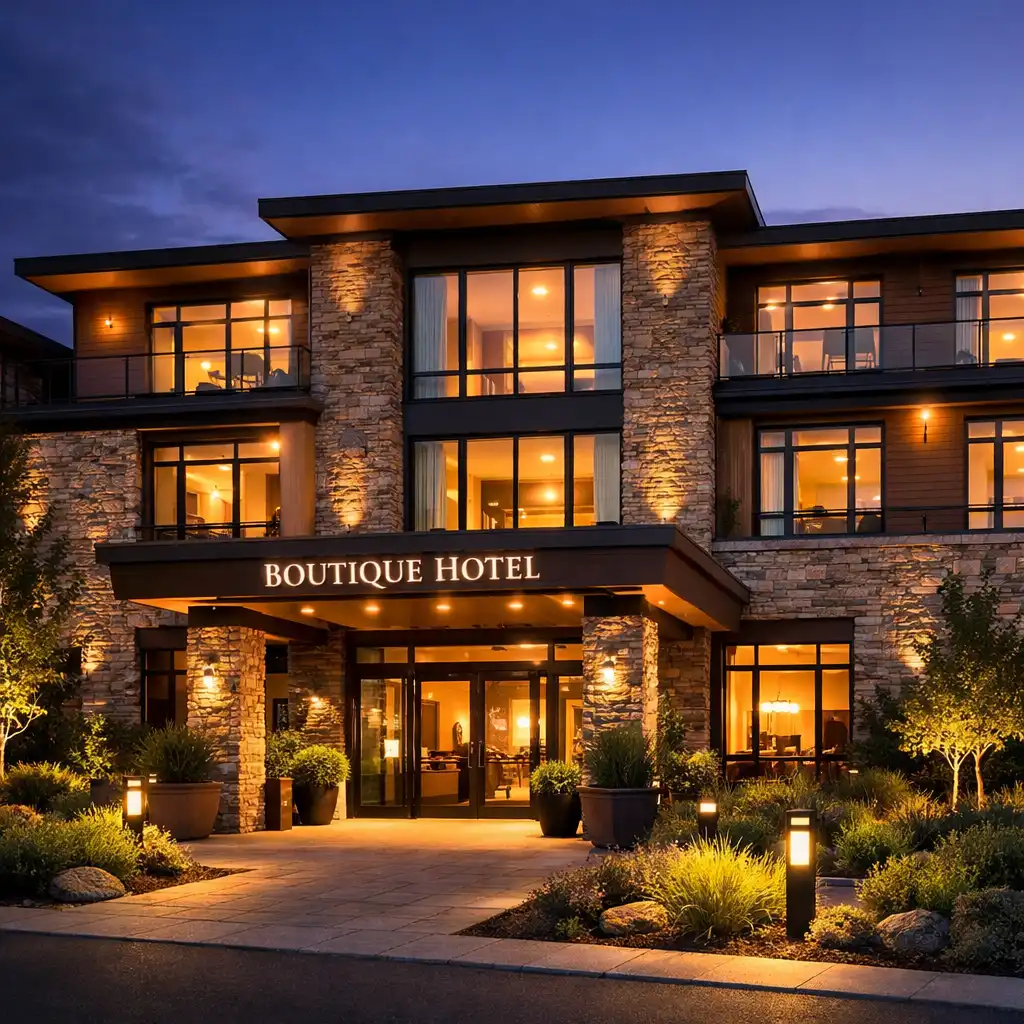 Hotel facade at twilight with glowing windows and stone and timber cladding