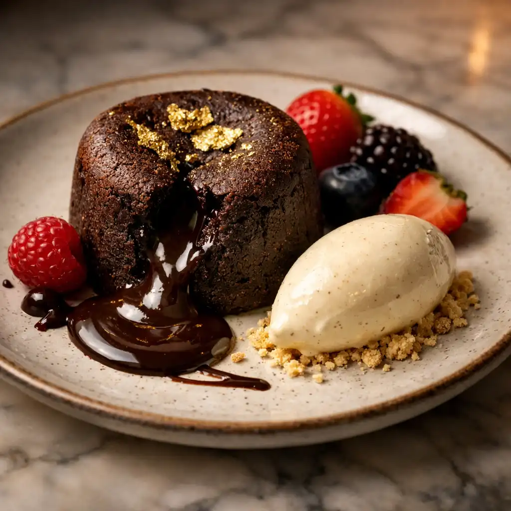 Chocolate fondant with gold leaf and vanilla ice cream
