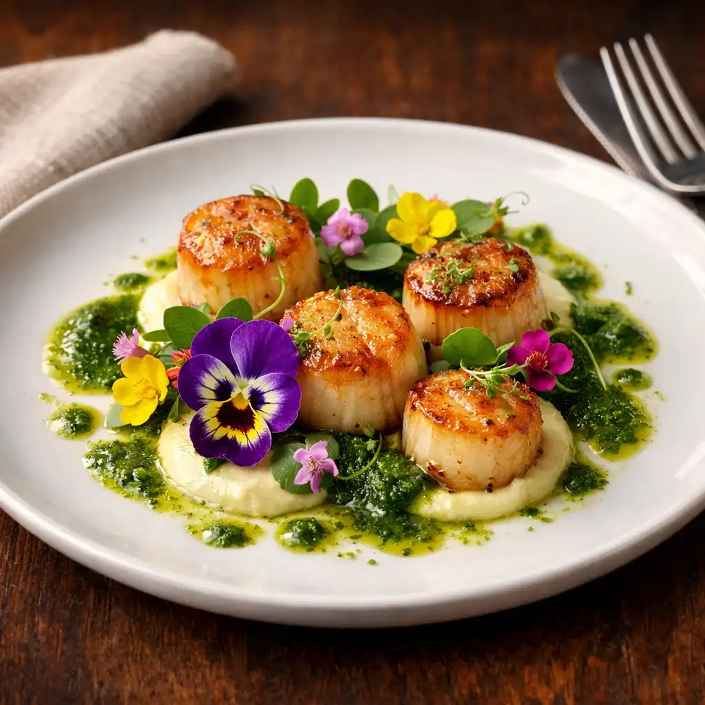 Seared scallops with herb oil and edible flowers on a white plate