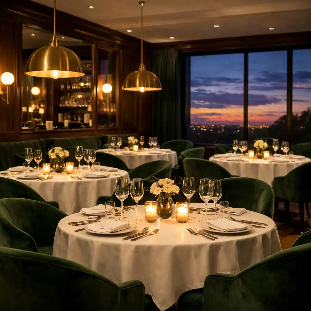 Restaurant interior with white tablecloths, candles, and green velvet chairs