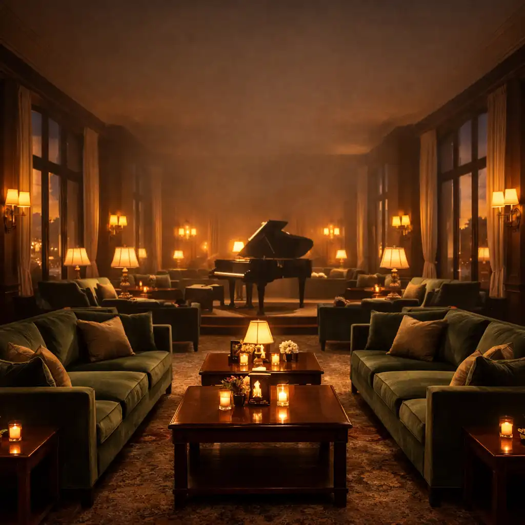 Warmly lit hotel lounge at dusk with deep green sofas and golden light
