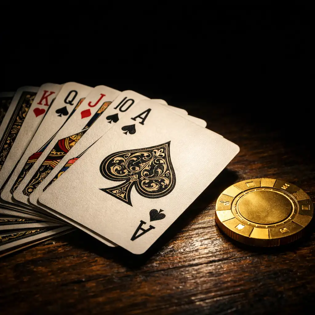Fanned playing cards and a gold chip on dark wood