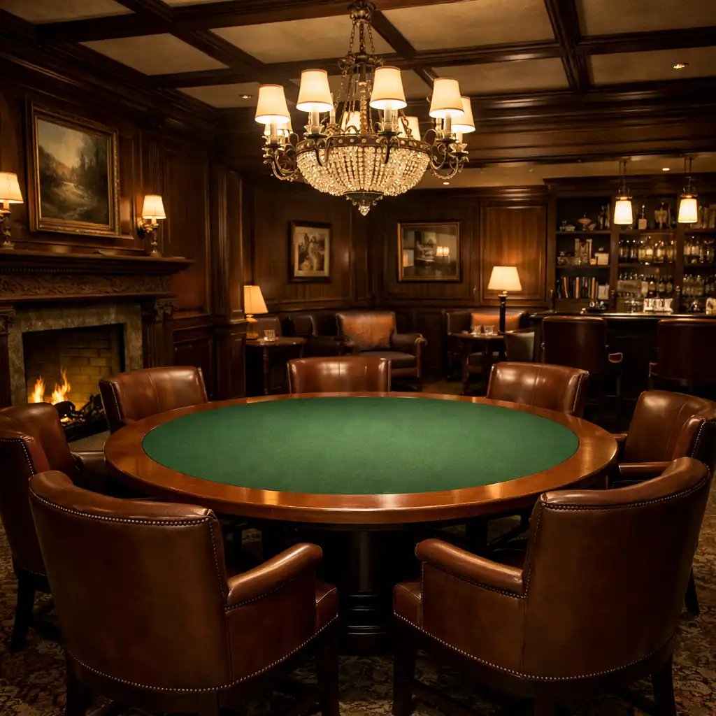 Private poker lounge with round table, leather chairs, and fireplace
