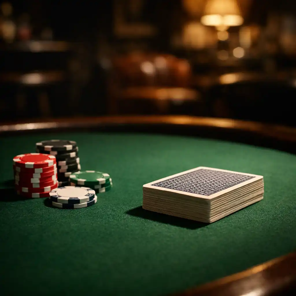 Poker table with green felt, playing cards, and chips in warm light