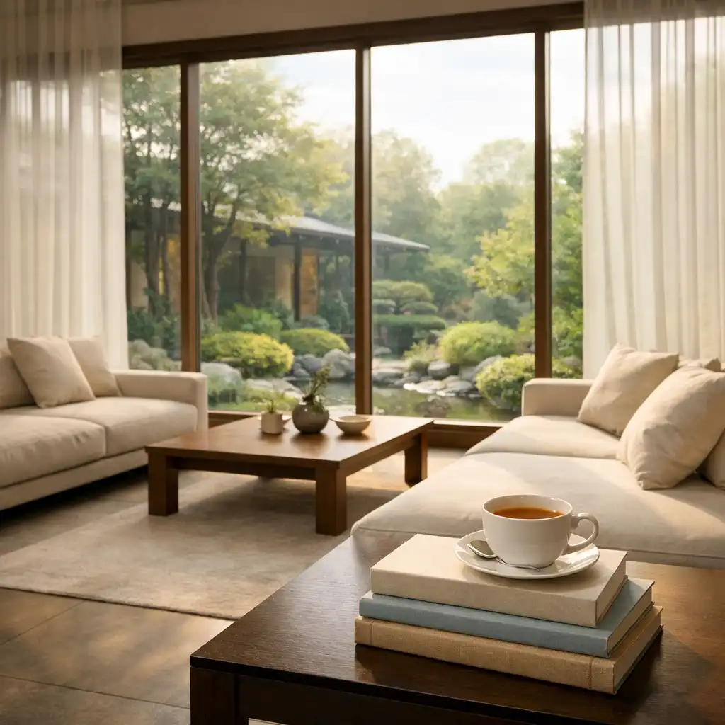 Relaxation lounge with cream sofas and garden view through large windows