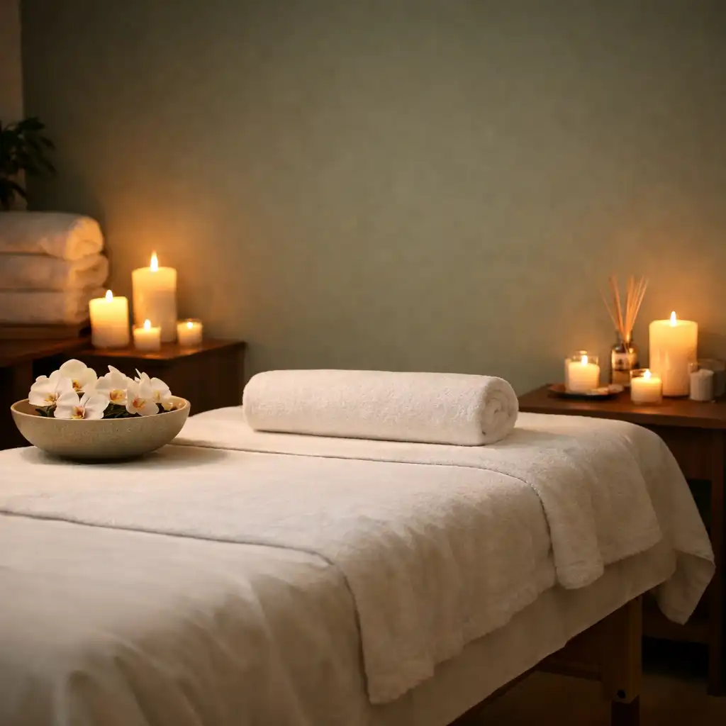 Spa treatment room with massage table, orchids, and candles