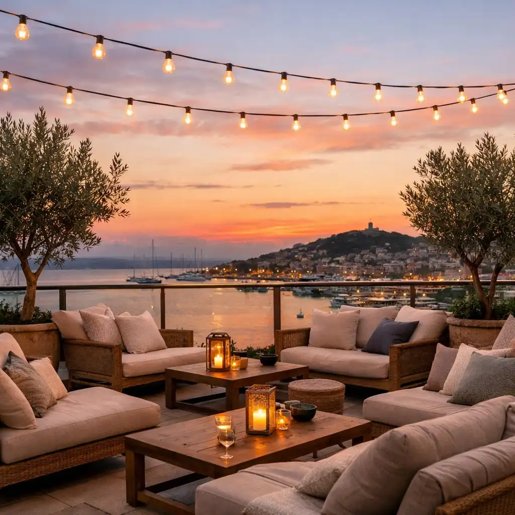 Outdoor terrace with lounge chairs, olive trees, and string lights at sunset