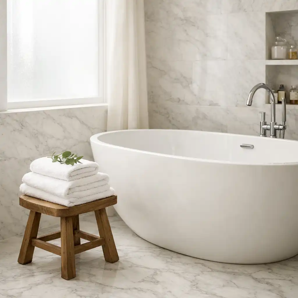 Bathroom with marble walls and freestanding bathtub