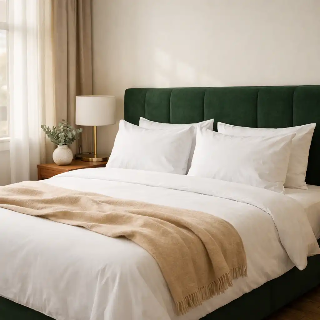 King room with white linens, sand throw, and deep green headboard