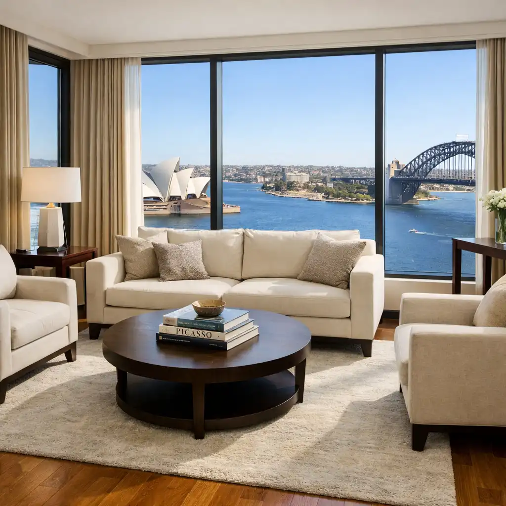 Suite with cream sofa and harbour view through floor-to-ceiling windows