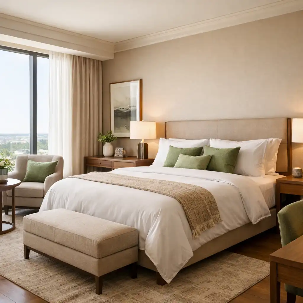 Sophisticated hotel room with warm neutral tones and natural light