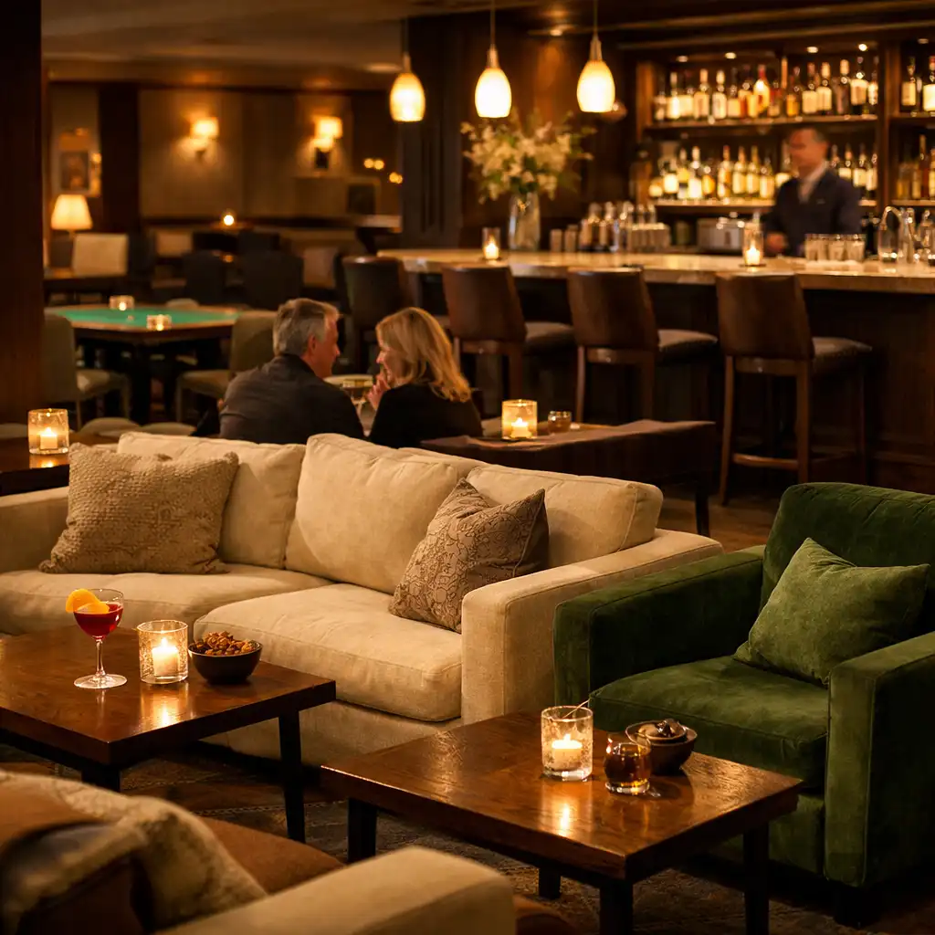 Relaxed lounge area with comfortable sofas, low wooden tables, and a bar in the background