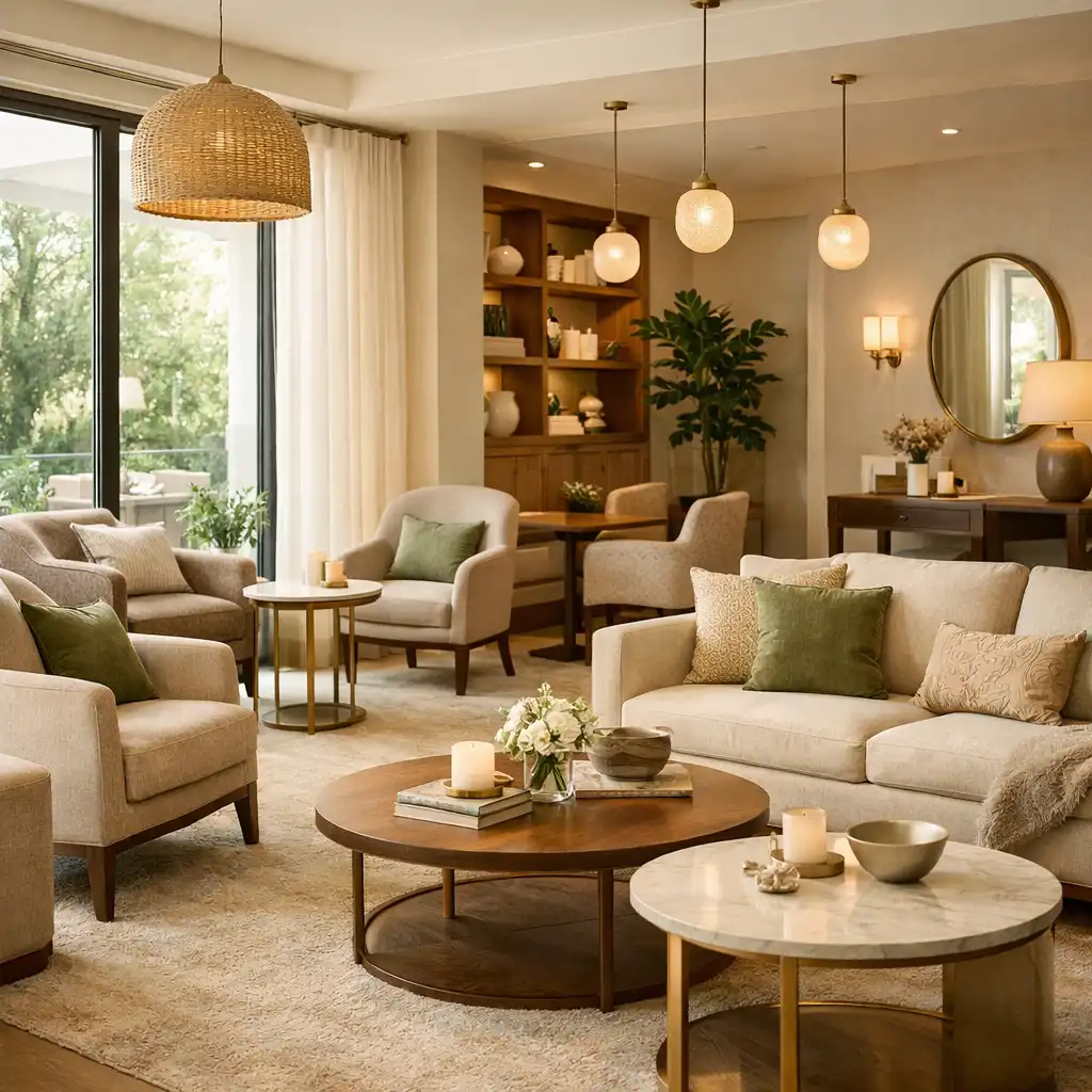 Serene hotel lounge interior with warm neutrals and comfortable seating