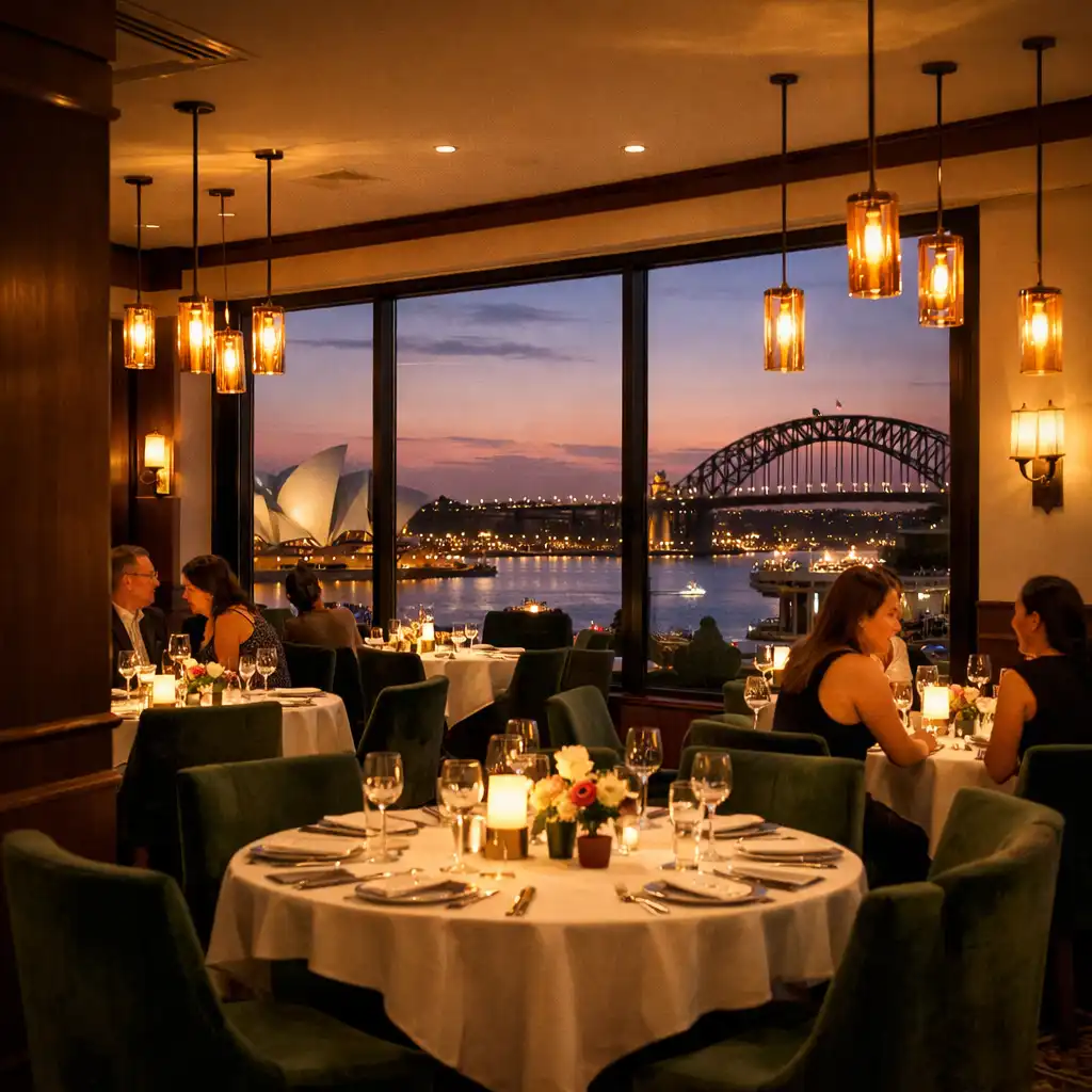 Main dining room with floor-to-ceiling windows overlooking Sydney Harbour at dusk