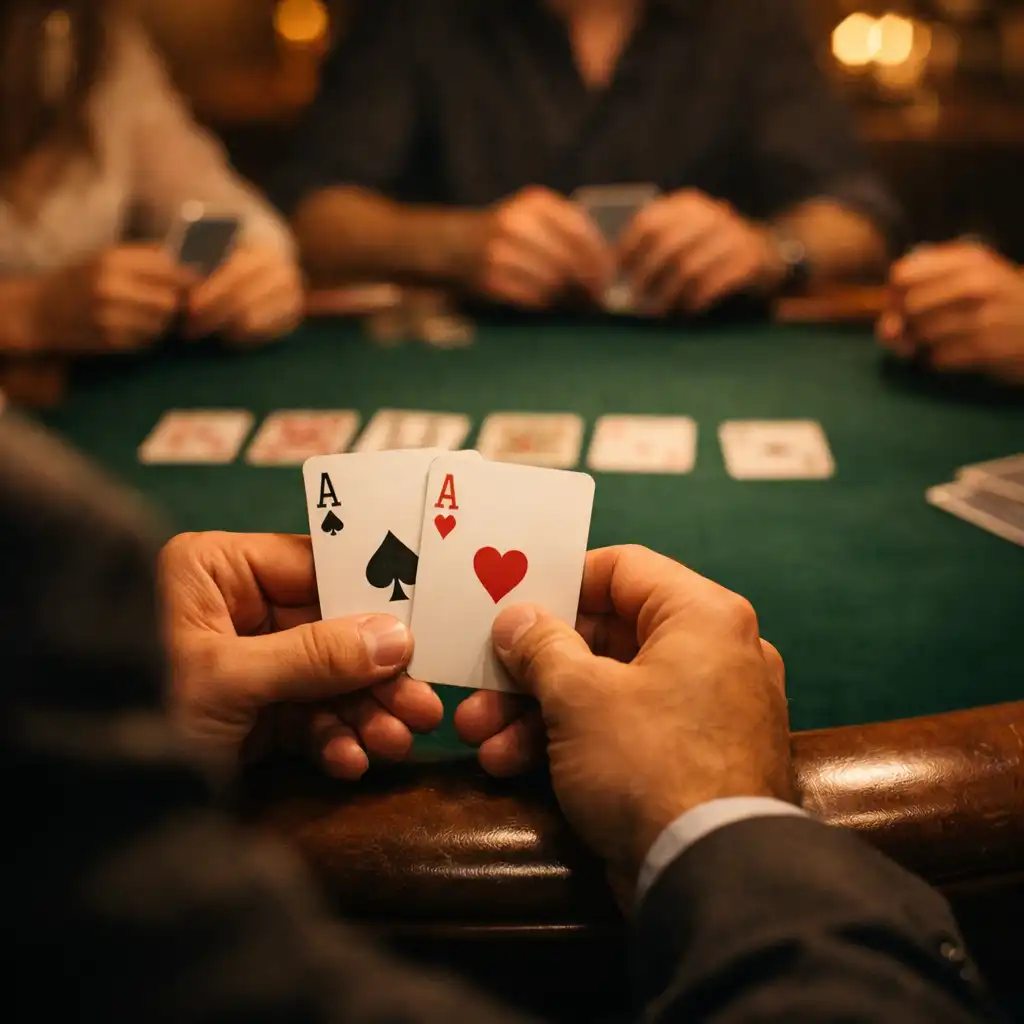 Hands holding playing cards at a poker table with other players softly blurred