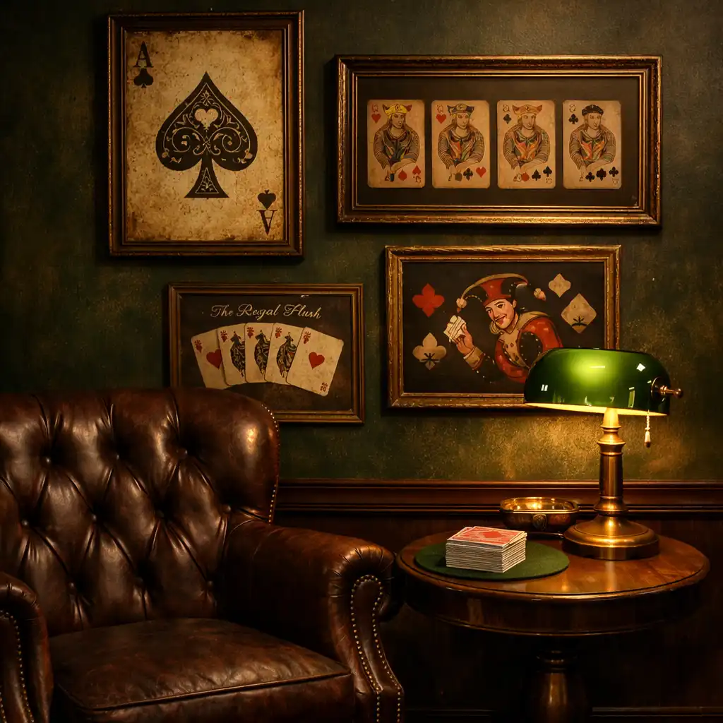 Vintage card-themed artwork and leather armchair in the lounge