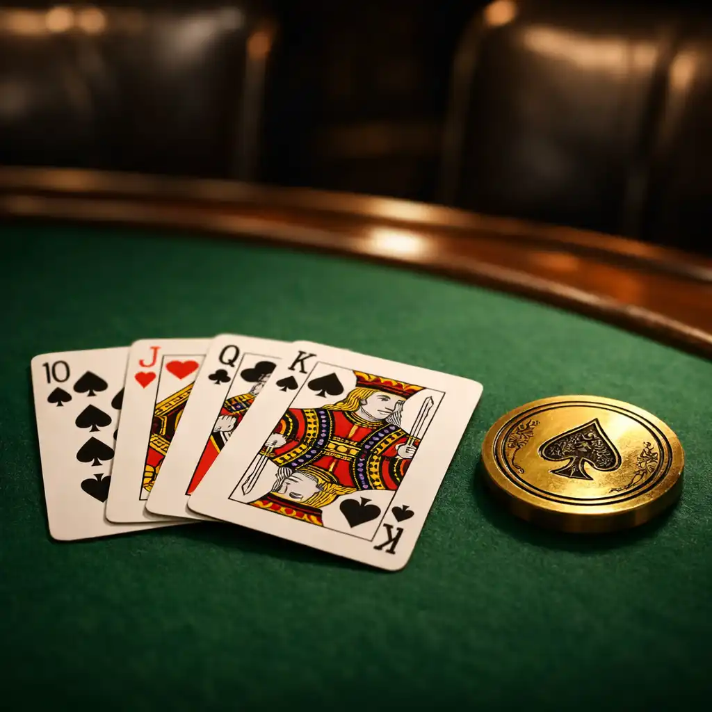 Close-up of playing cards on a green felt poker table with brass card guard