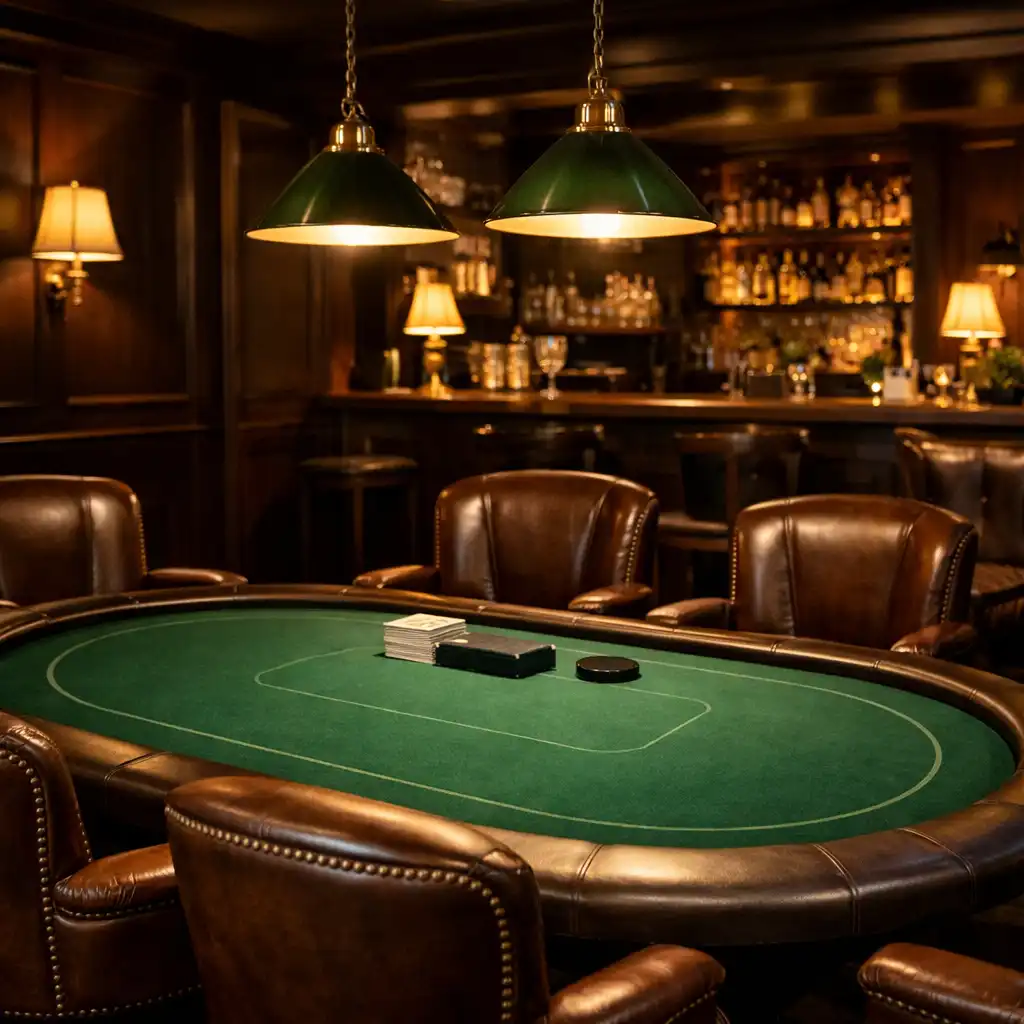 Dimly lit poker lounge with a green felt table and elegant leather chairs