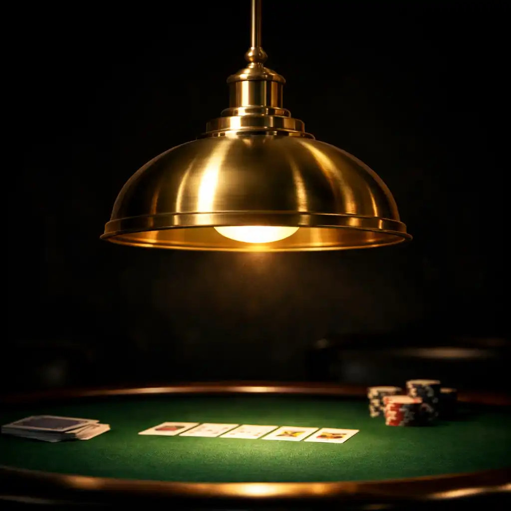 Custom brass pendant light above a poker table