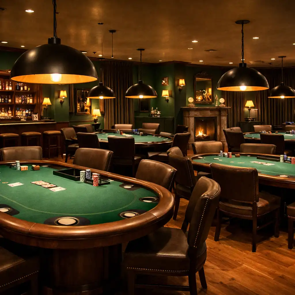 Wide view of the poker lounge with multiple tables, pendant lights, and deep green walls