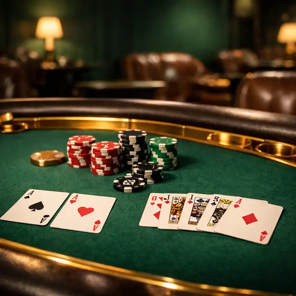 Close-up of a premium poker table with green felt, brass details, playing cards and chips in a dimly lit lounge