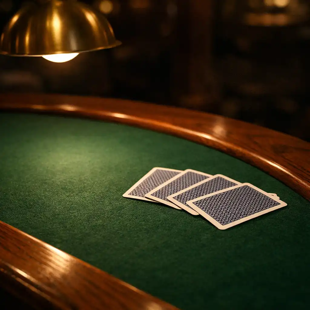 Close-up of a refined poker table with green felt and elegant card details