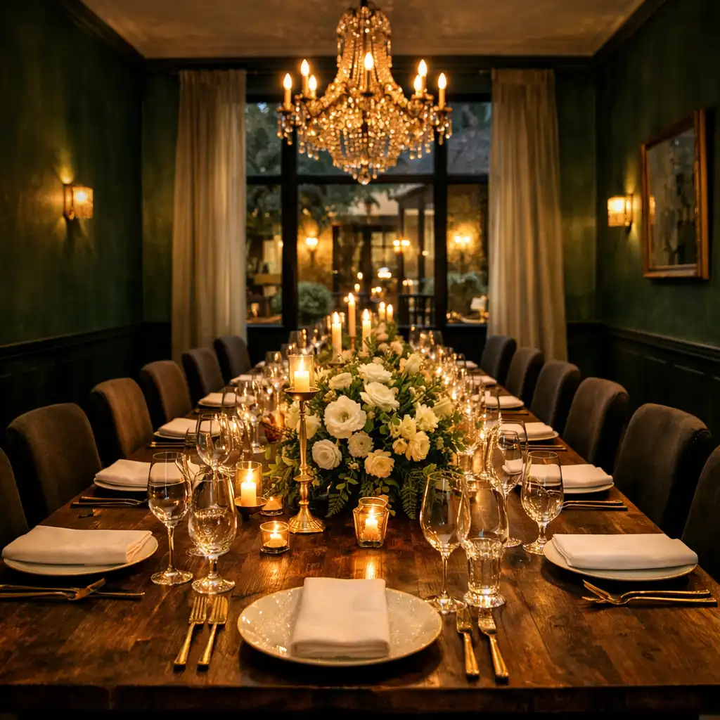 Private dining room with a long wooden table set for twelve guests, candles, and a courtyard view