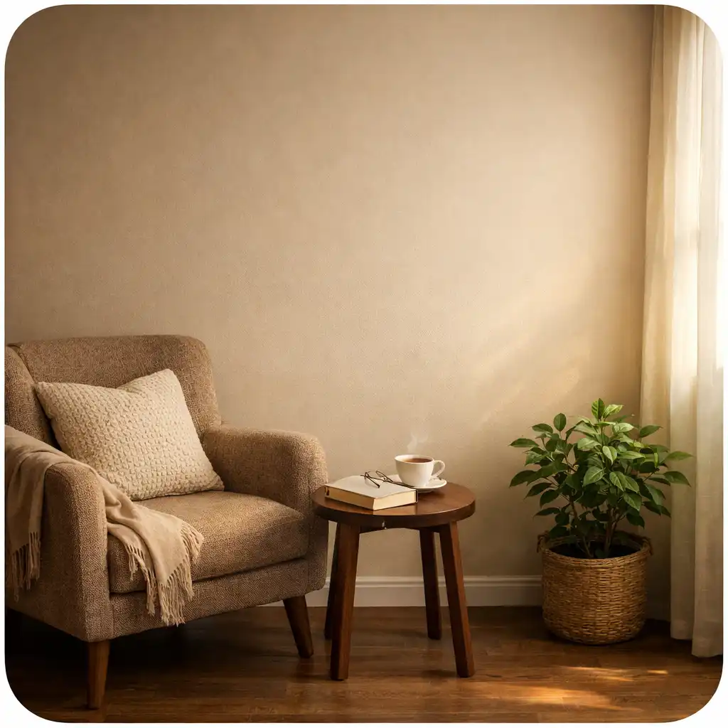 A cozy relaxation corner with an armchair, side table, book, cup of tea, and potted plant