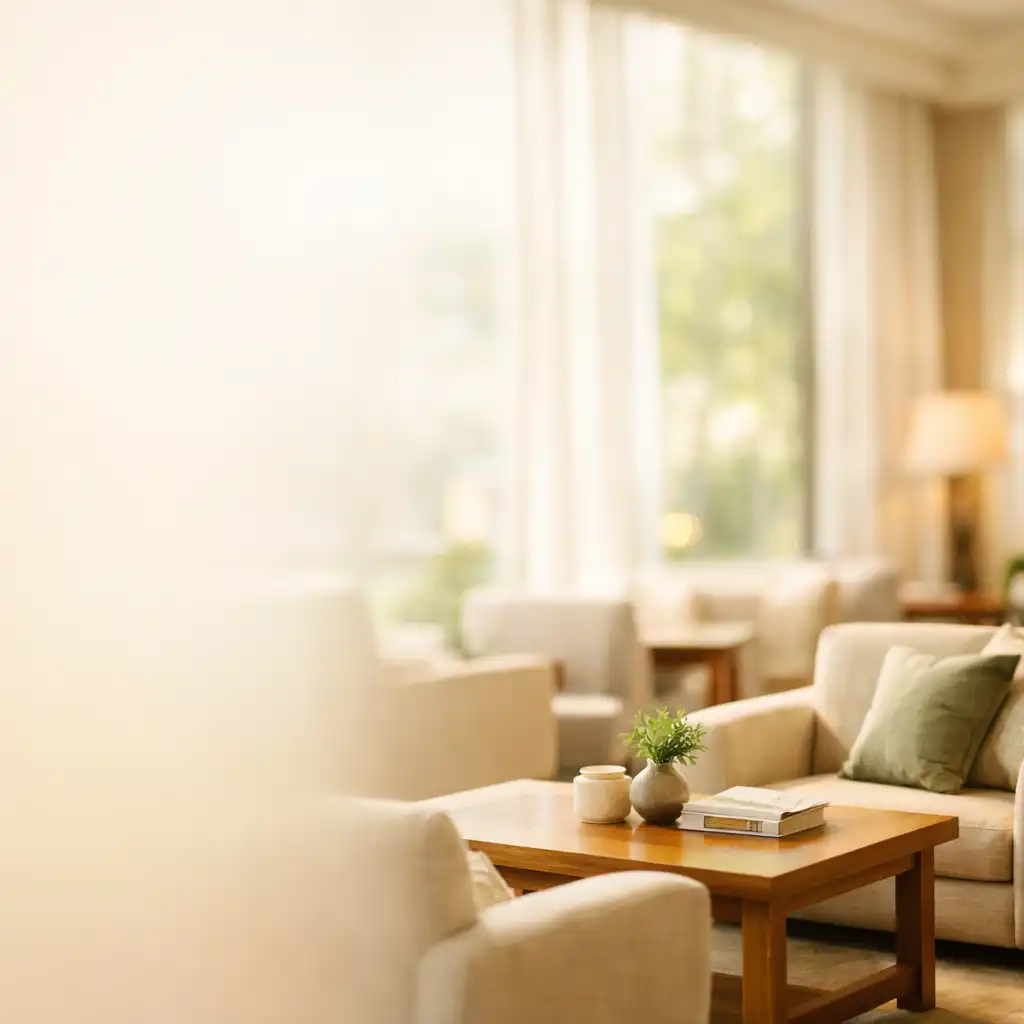 A serene hotel lounge interior with plush neutral armchairs and soft morning light
