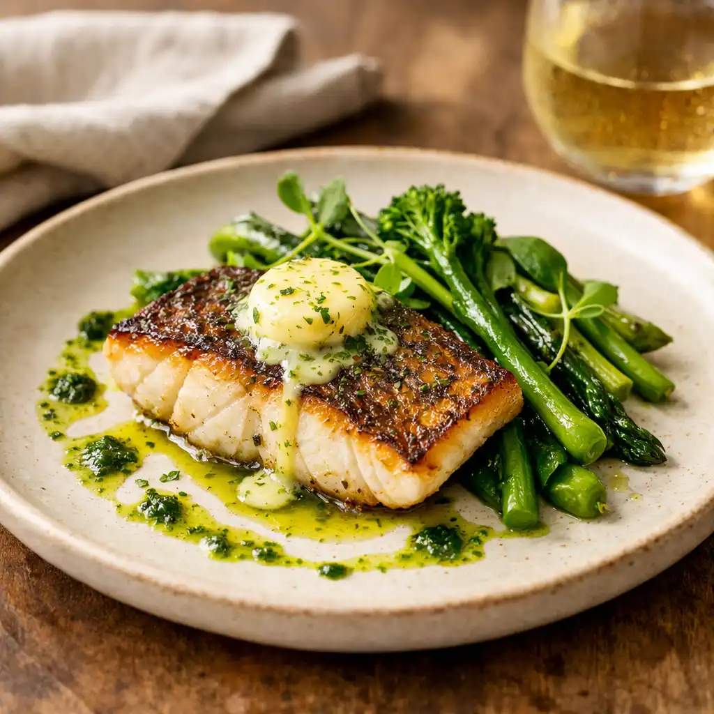 Seared barramundi with lemon myrtle butter and seasonal greens on a handmade ceramic plate