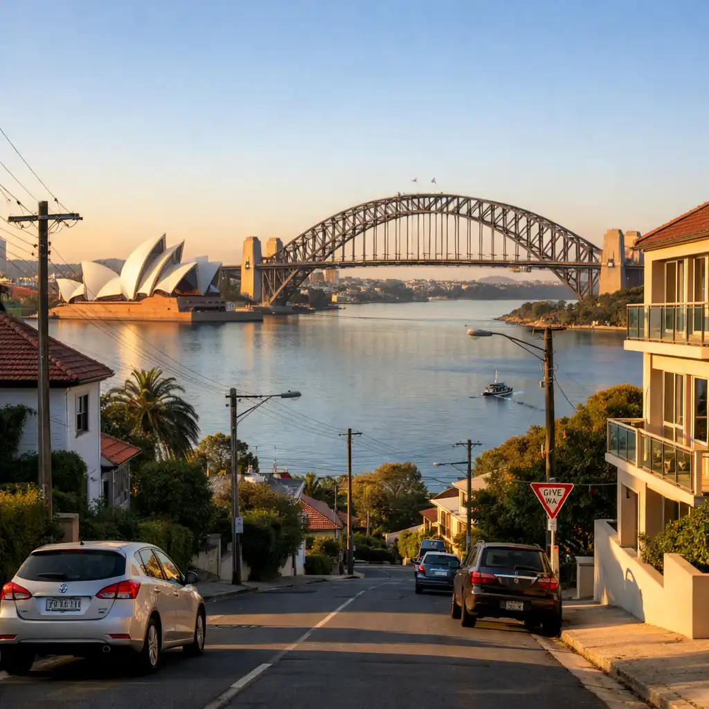 Sydney Harbour view with Opera House and Harbour Bridge in the distance